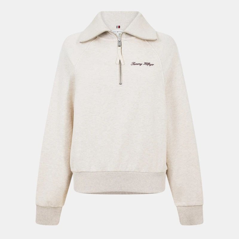 Image of Tommy Hilfiger Womens Script Quarter Zip Fleece Heather Oatmilk female 10 (S)