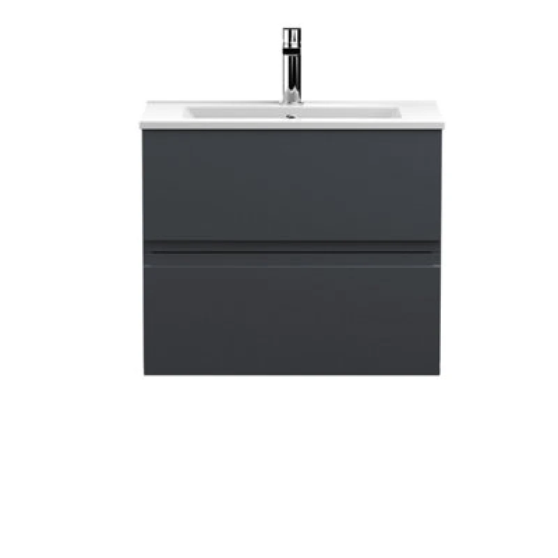 Image of Nuie Hudson Reed Urban Wall Hung 2 Drawer Vanity Unit With Minimalist Ceramic Basin, Modern Bathroom Furniture In Soft Black, 600mm
