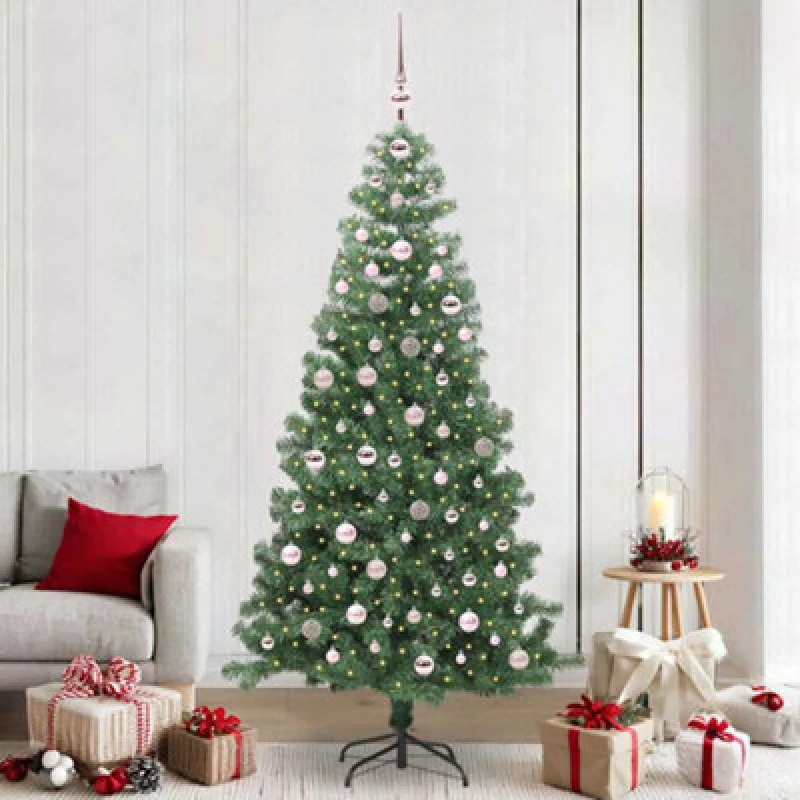 Image of vidaXL Christmas Tree with 300 LEDs, Pink Balls with Stand Green 240cm PVC, Green 3396400