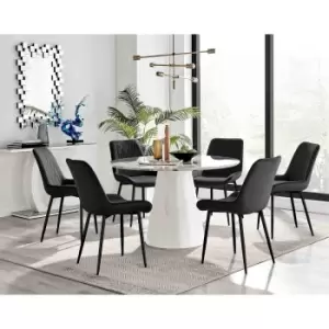 Image of Furniture Box Palma White Marble Effect Round Dining Table and 6 Black Pesaro Black Leg Chairs
