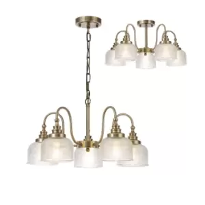 Image of DeRuyter Semi Flush, Ceiling Pendant, 5 Light E27, Antique Brass, Prismatic Glass