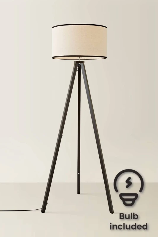 Image of ValueLights ValueLights Barbro Black Wood Tripod Floor Lamp with Linen Trim Shade and Bulb Black One Size Unisex 5059406058981