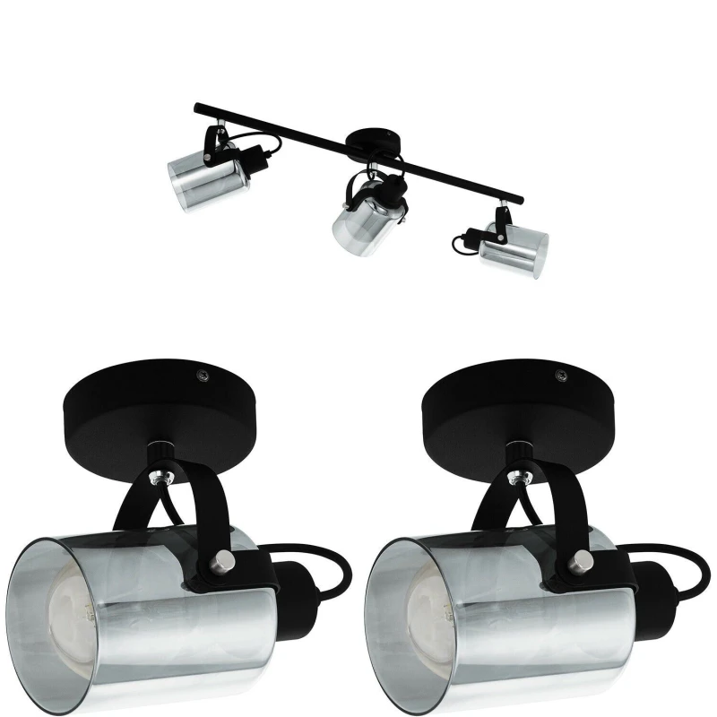 Image of Loops Ceiling Spot Light & 2x Matching Wall Lights Black & Vaporized Glass Adjustable Black