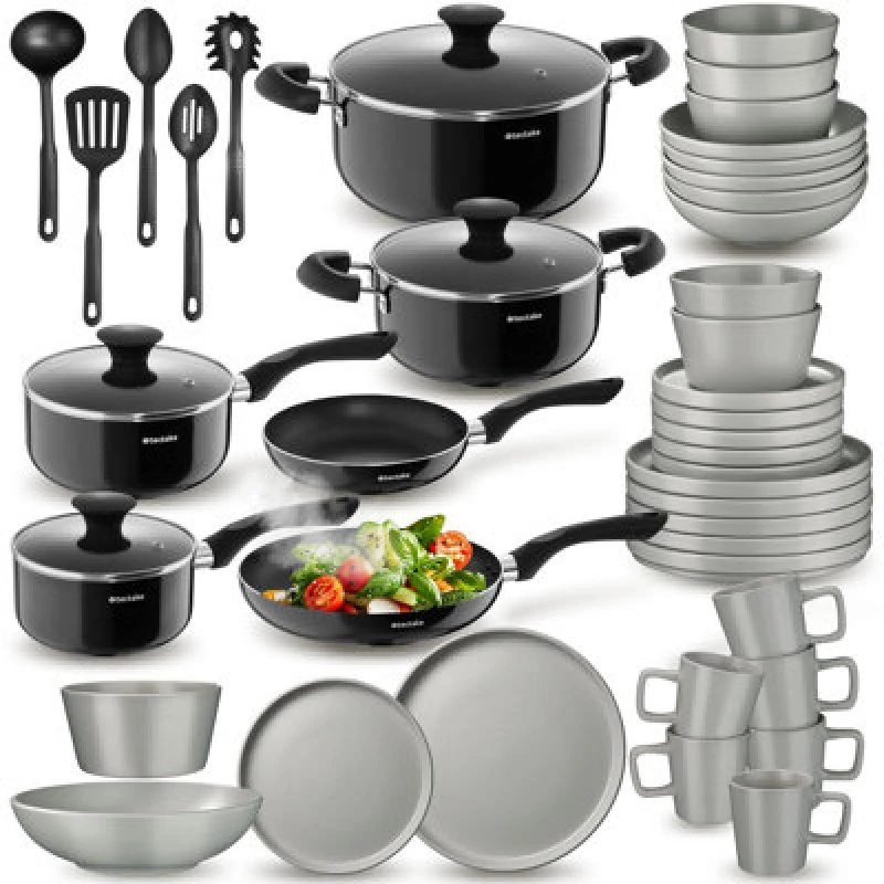 Image of Tectake Dinnerware Set For 6 People With Plates, Bowls, Utensils, Pots And Pans - Grey/black