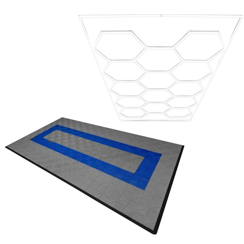 Image of Monstershop Hexagon LED Light & Vented Garage Floor Tiles With Edges - 90 Grey & 30 Blue Grey