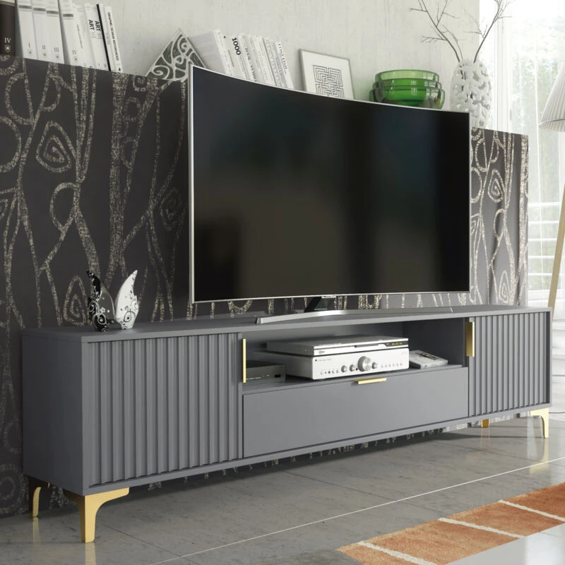 Image of Mex Furniture LTD TV Unit 200cm Dark Grey - Ribbed Doors Dark Grey