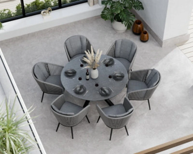 Image of Royalcraft Aspen 150Cm Round Ceramic Grey Top With 6 Rope Chairs