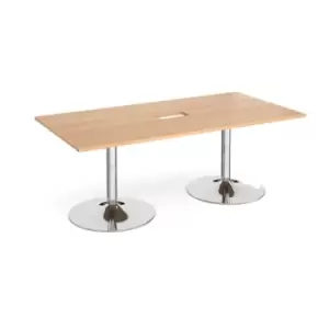 Image of Trumpet base rectangular boardroom table 2000mm x 1000mm with central cutout 272mm x 132mm - chrome base and beech top