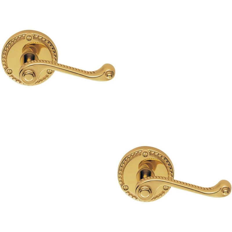 Image of Loops 2x PAIR Georgian Scroll Handle on Round Rose Rope Design Pattern Polished Brass Metallics