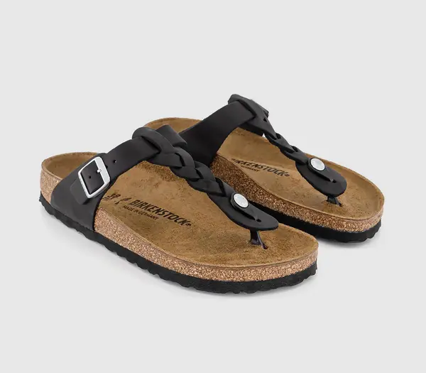 Image of Birkenstock Womens Gizeh Braid Sandals Black Oiled Leather, 5