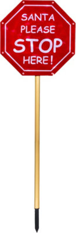 Image of Xmas Haus Outdoor LED Christmas Santa Stop Here Sign Post Light with Timer, Ground Stake and Battery Operation ELV-590610