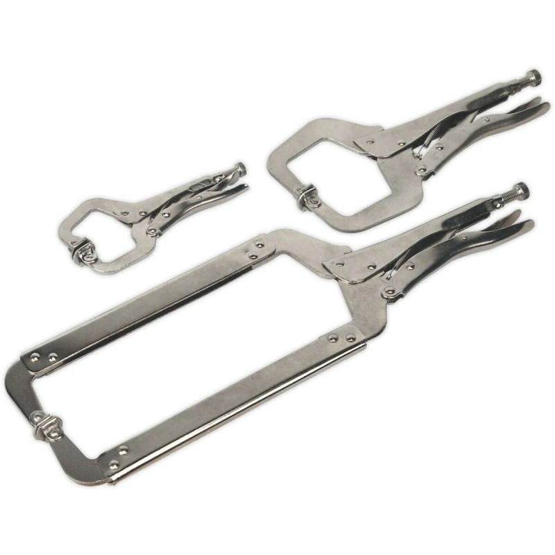Image of Loops 3 Piece Locking C-Clamp Pliers - 170 275 and 450mm Clamps - Nickel Plated Steel Metallics