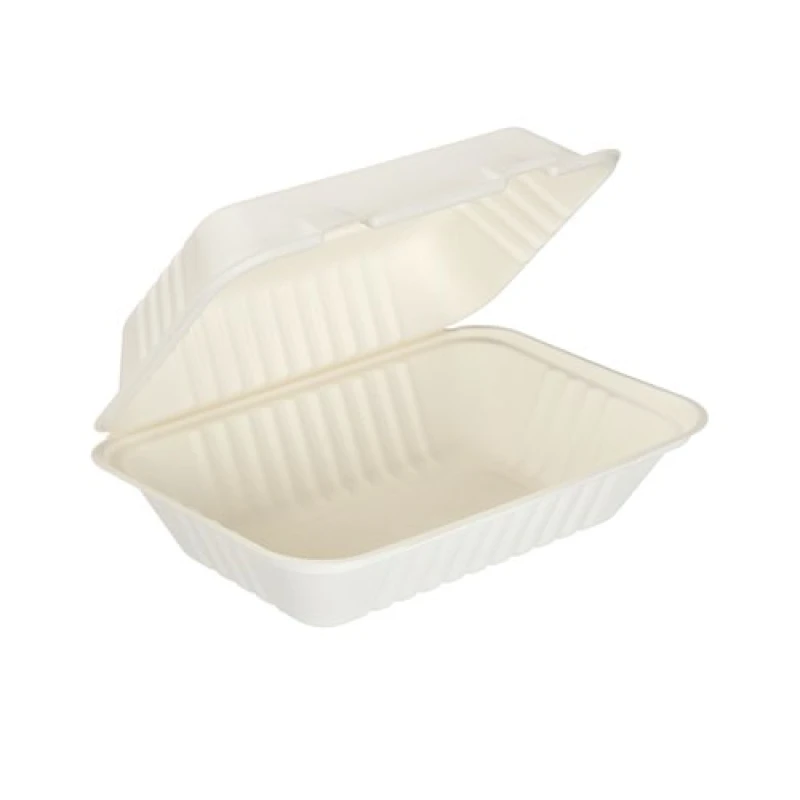 Image of Edenware Bagasse Clamshell Meal Box Large 9x6 Inch White (250 Pack) D06003