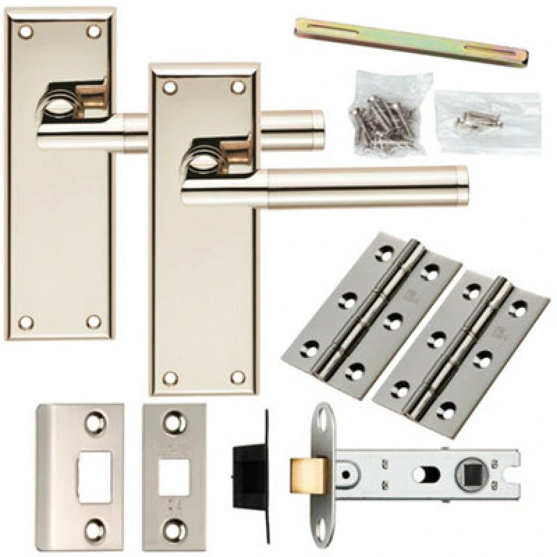 Image of Loops Door Handle & Latch Pack Polished & Satin Nickel Round Section Lever Backplate Metallics