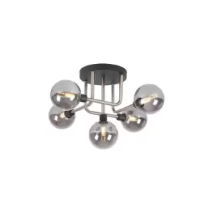 Image of Humphrey Flush Ceiling Lamp, 5 Light G9, Graphite, Satin Nickel, Smoke Glass
