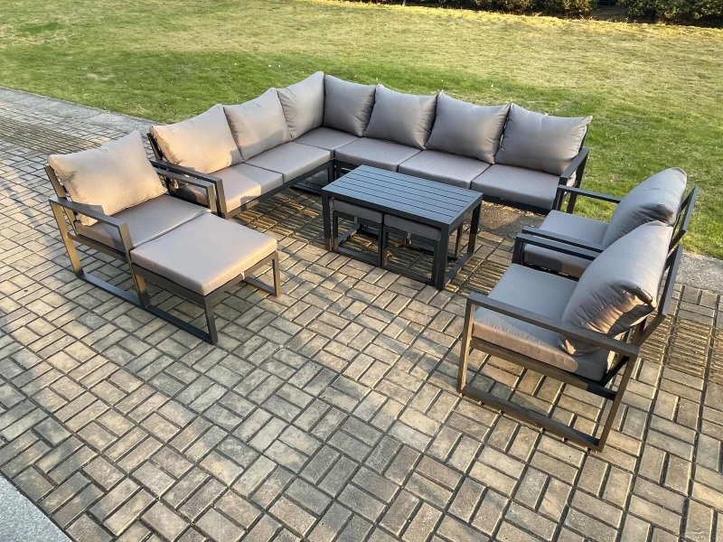 Image of Fimous Aluminum 12 Seater Outdoor Lounge Corner Sofa Set Garden Furniture Sets with Oblong Coffee Table 3 Chairs 3 Footstools Dark Grey Dark Grey Unis