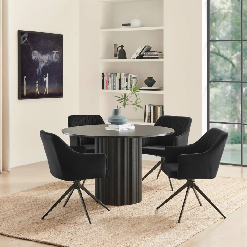 Image of FurnitureboxUK FurnitureboxUK Penrose Black Round Dining Table & 4 Calla Velvet Swivel Chairs Black One Size Unisex 5056784315880