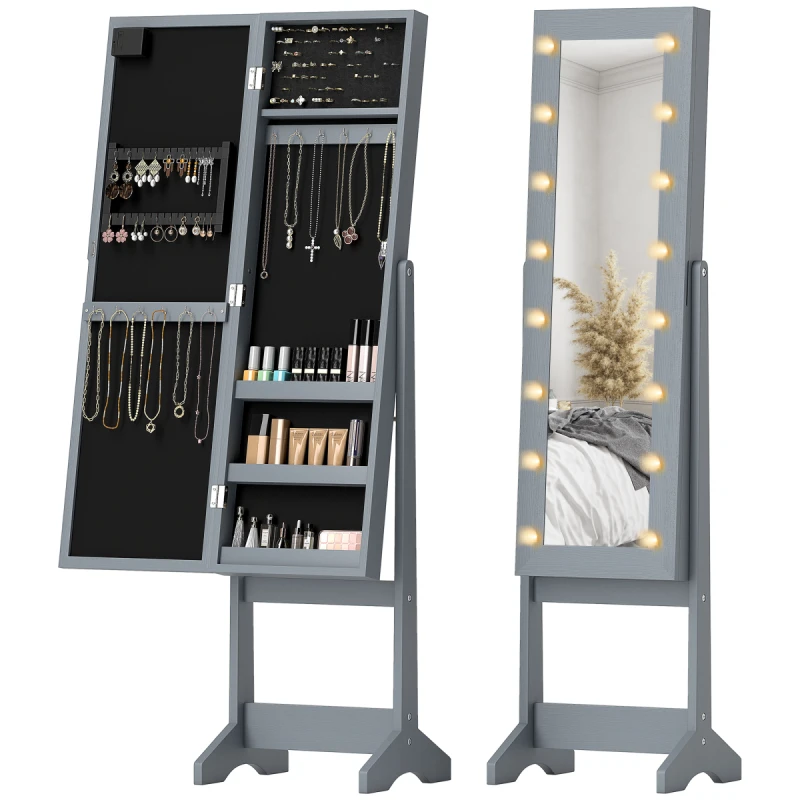 Image of HOMCOM HOMCOM Free Standing LED Mirrored Jewelry Cabinet Armoire Floor Organiser in Grey Grey One Size Unisex 5063603047976