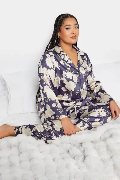 Image of Yours Printed Satin Pyjama Set Purple