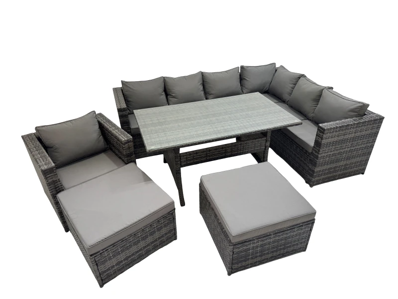 Image of Fimous 9 Seater Patio Dining Corner Sofa Sets with Chair 2 Big Stools in Dark Grey Dark Grey Unisex