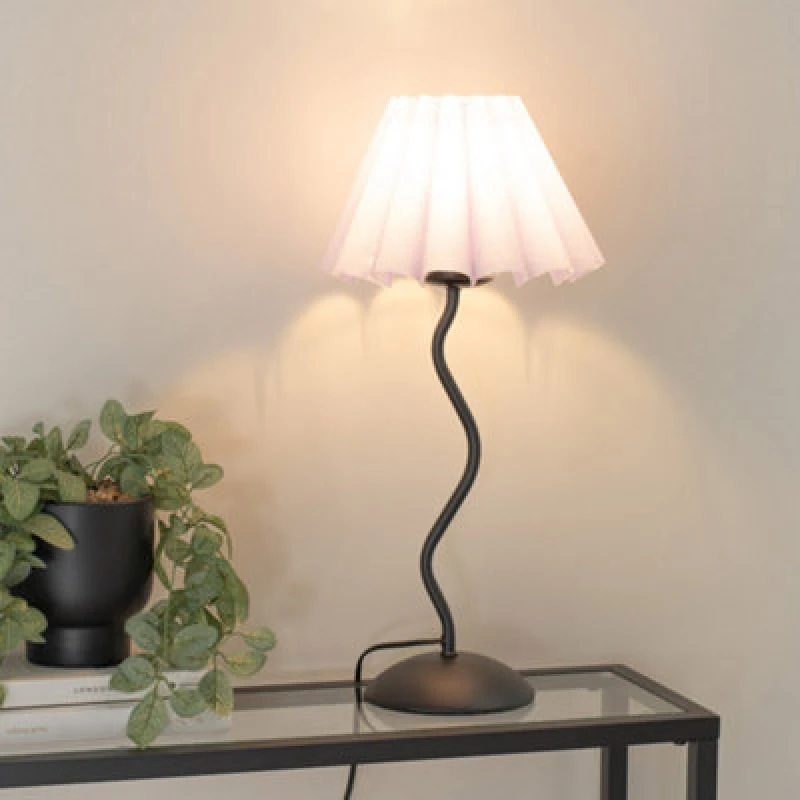Image of ValueLights Wiggle Black Metal Single Stem Table Lamp with Scallop Tapered Lamp Shade Lilac