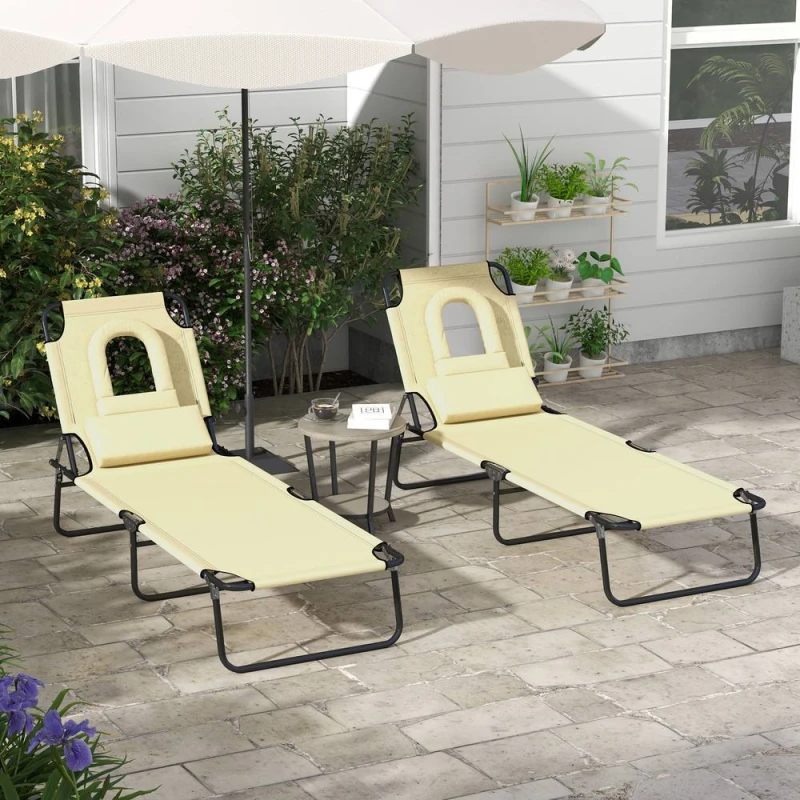 Image of Outsunny Folding Sun Lounger Set of 2 Reclining Chair with Reading Hole Beige - Outsunny 5056725390389