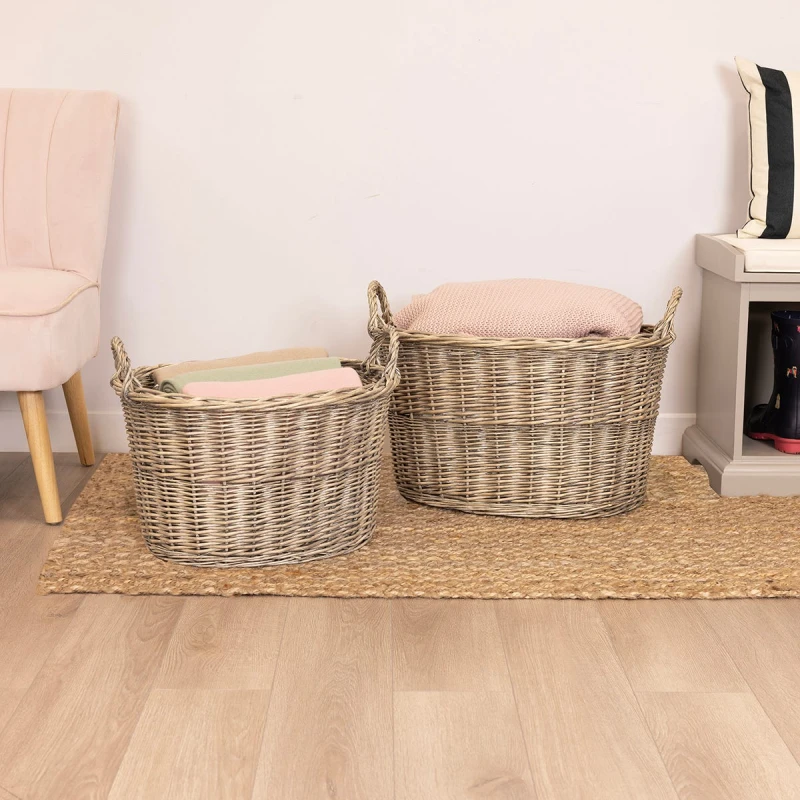 Image of Set Of Two Oval Wicker Log Baskets