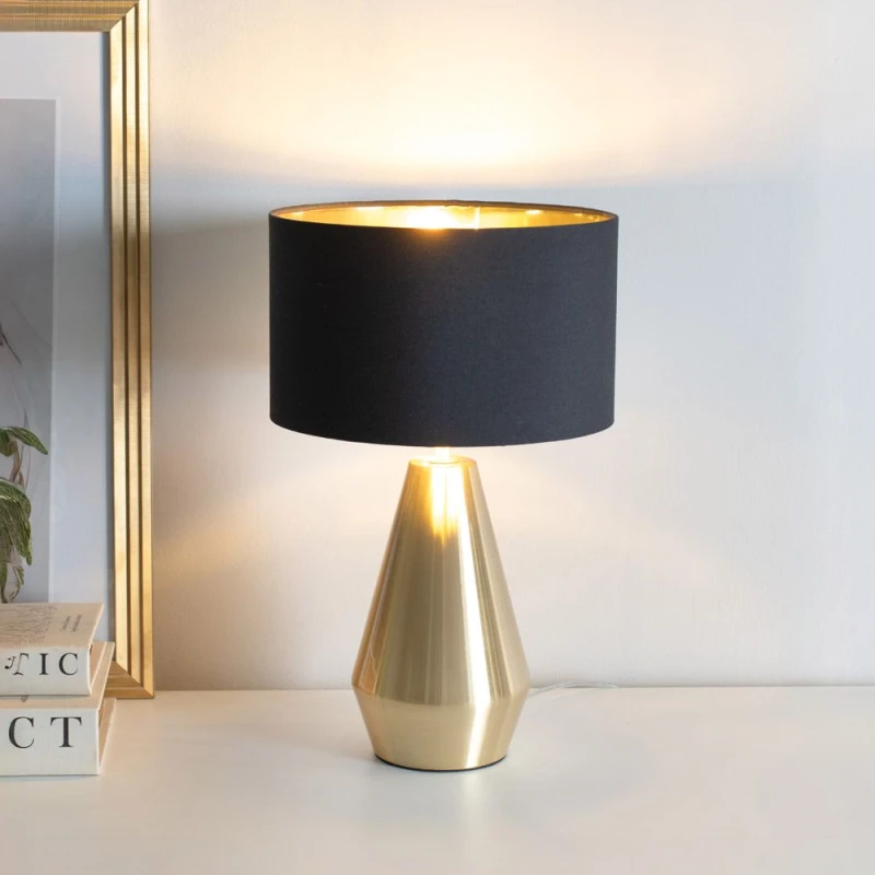 Image of ValueLights ValueLights Jax Gold Dimmable Touch Table Lamp with Fabric Drum & Gold Inner Shade & Bulb in Black One Size Unisex 5059406060373