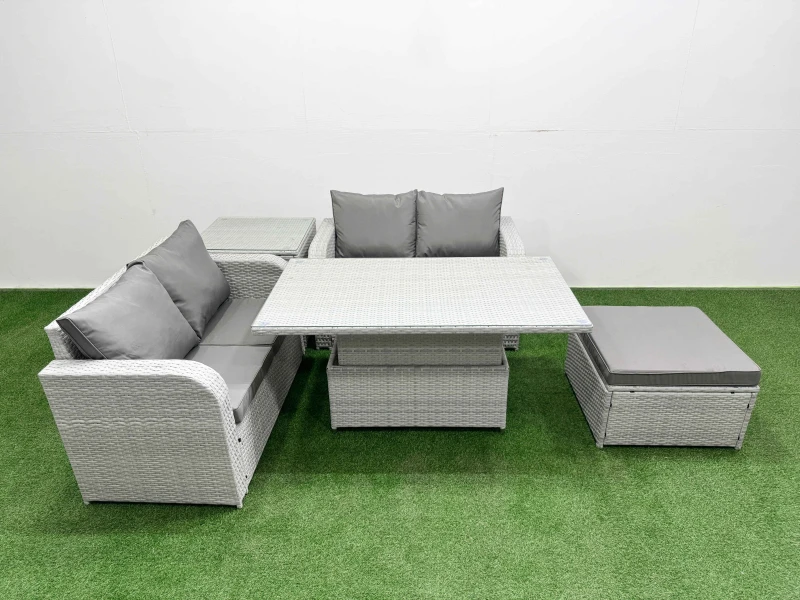 Image of Fimous 5 Seater Outdoor Love Sofa Set Rattan Garden Furniture Set with Adjustable Lifting Dining or Coffee Table Big Footstool Side Table Light Grey L