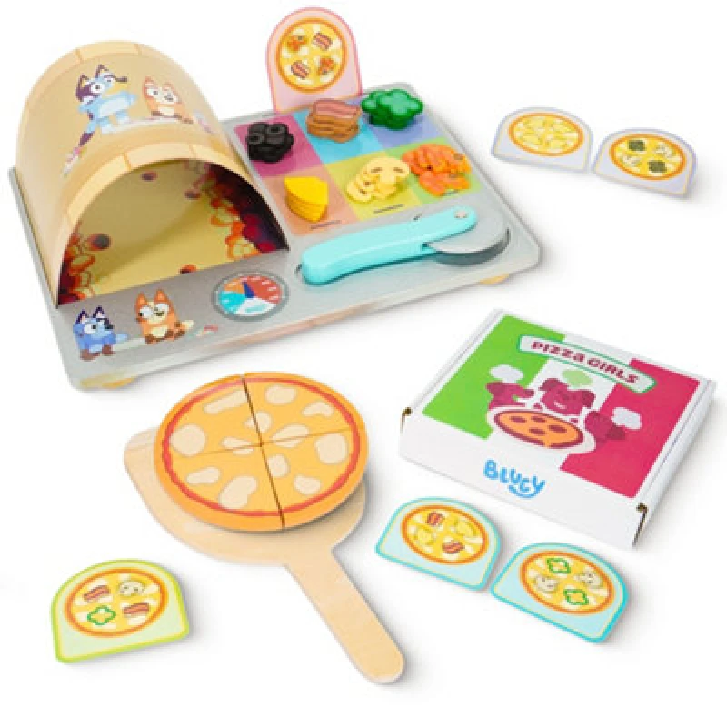 Image of Bluey Pizza Girls Set, 35 Piece Pretend Play Food Set, Wooden Pizza Playset