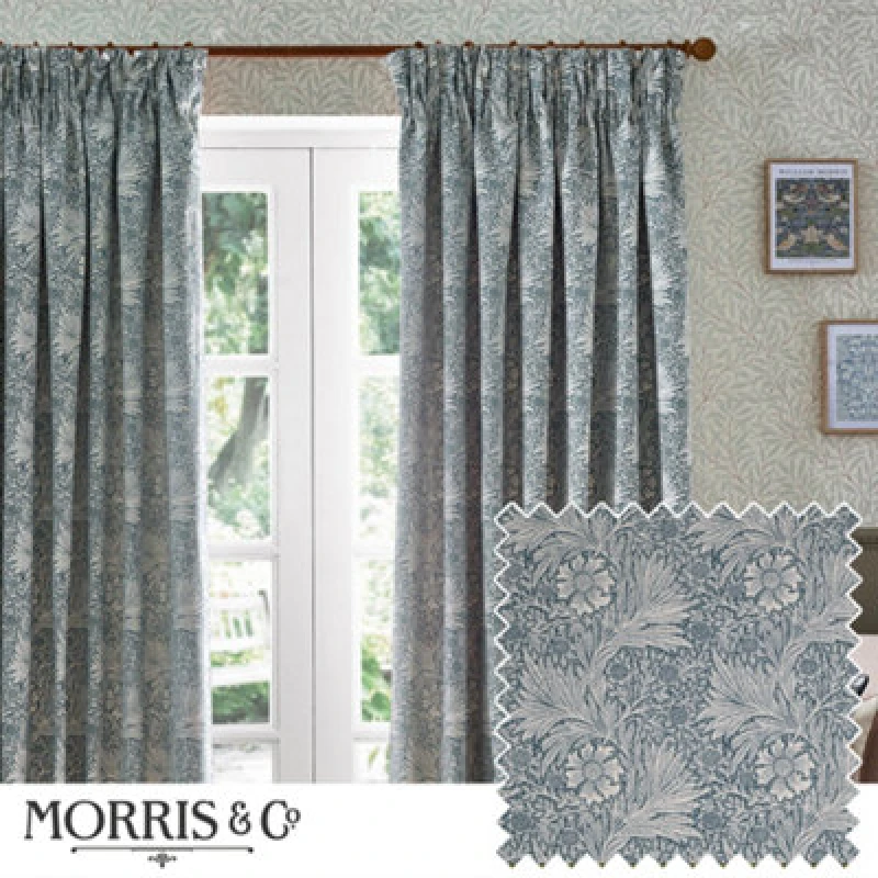 Image of Morris & Co Morris & Co Marigold Jacquard Floral Room Darkening Pencil Pleat Curtains in Indigo Size: 168cm width x 229cm drop Indigo 168cm width x