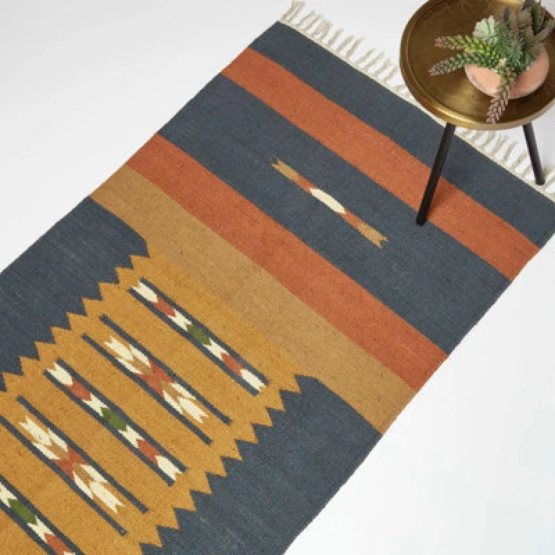 Image of Homescapes Lundi Orange & Blue Kilim Runner Cotton & Jute Rug 66 X 200 Cm