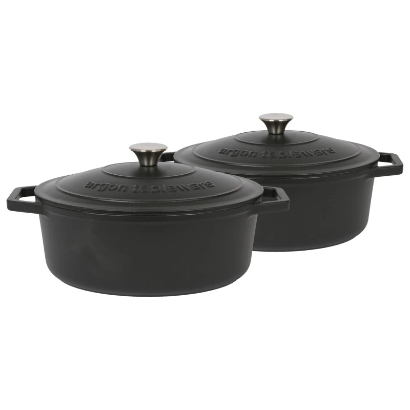 Image of Argon Tableware 2x Oval Cast Iron Casserole Dishes with Self Basting Lid - 4.68L in Black Unisex