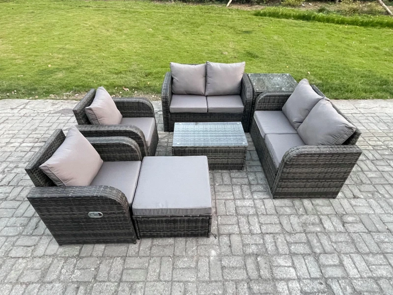 Image of Fimous Rattan Garden Furniture Set 7 Seater Patio Outdoor Lounge Sofa Set with 2 Reclining Chairs Rectangular Coffee Table Big Footstool Dark Grey