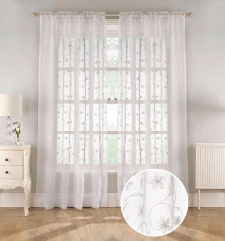 Image of Tyrone Textiles Embroidered Voile Panel with Floral Pattern on Linen-Look Fabric - Pair White