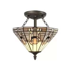 Image of 2 Light E27 Semi Flush Ceiling With Tiffany Shade 30cm Shade, White, Grey, Black, Clear Crystal, Aged Antique Brass - Luminosa Lighting