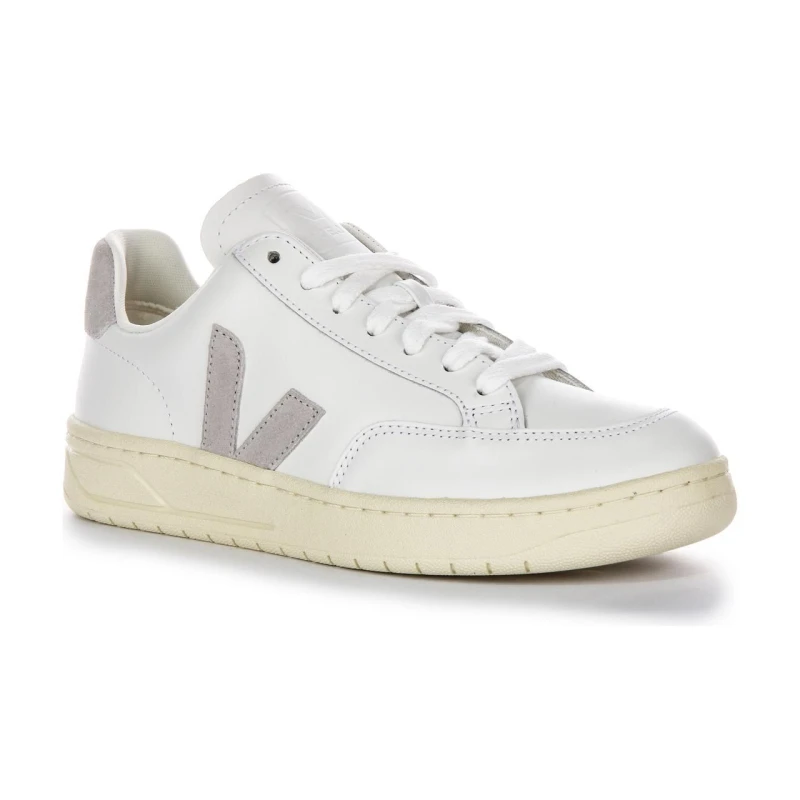 Image of Veja Mens 'V-12 Leather' Leather Trainers in Light Grey Size: 8 Light Grey Male 8