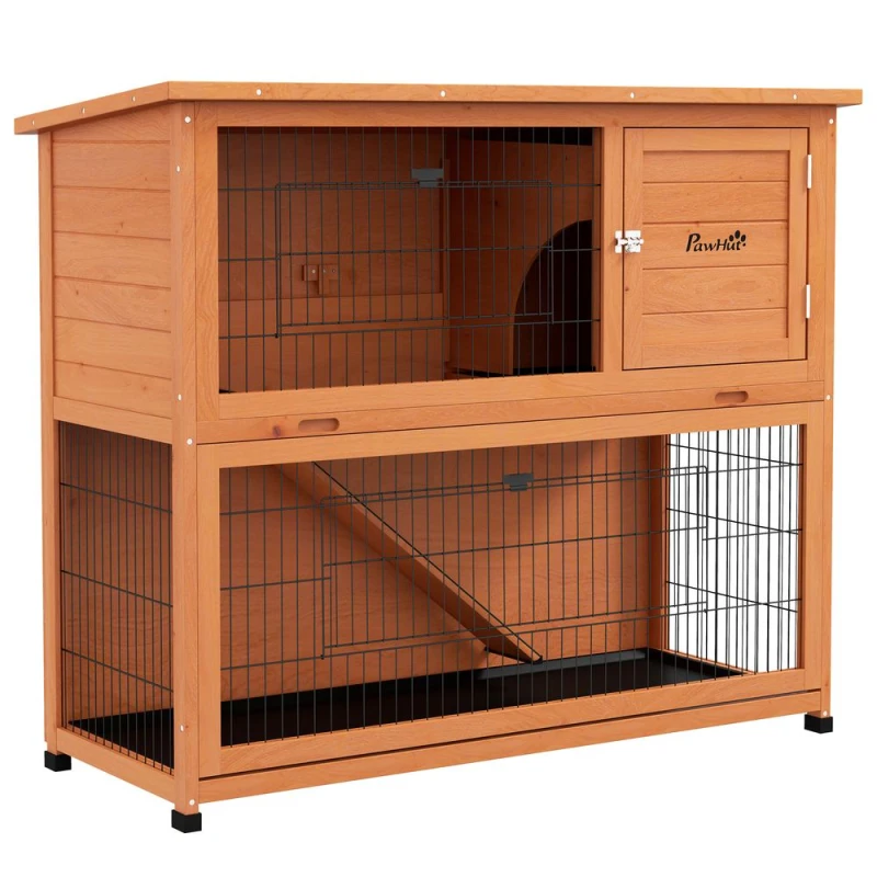 Image of PawHut Pawhut - Wooden Rabbit Hutch, Antiseptic Outdoor, for 1-2 Rabbits - Orange 102H x 120L x 50Wcm 5056725370374
