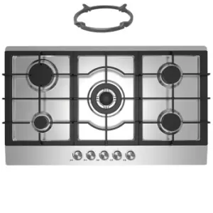 Image of Cookology GH905SS 90cm Built-in 5 Burner Gas Hob in Stainless Steel & Wok Stand
