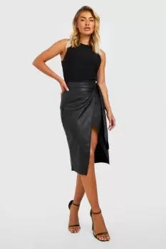 Image of Leather Look Tie Wrap Midi Skirt