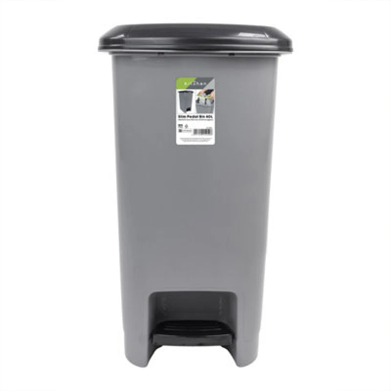 Image of JVL Slim Plastic Lidded Foot Pedal Waste Bin, 40L, Grey 15-252