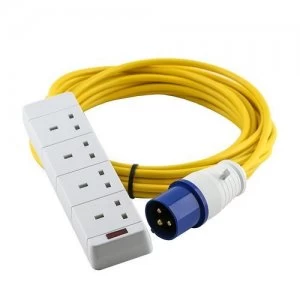 Image of Zexum 16A 230V Yellow Male to 4 Gang Hook Up Extension Cable Lead - 5m
