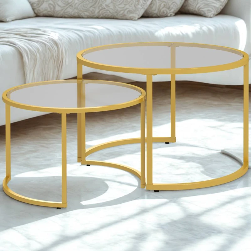 Image of FURNOS Set Of 2 Round Gold Nesting Tables With Tempered Glass Top Gold Unisex