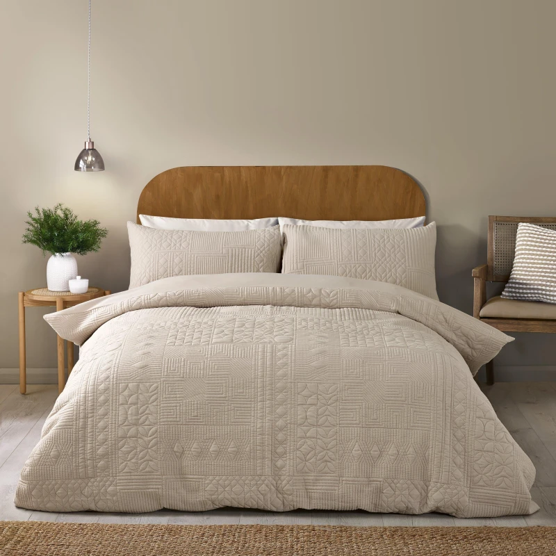 Image of Catherine Lansfield Folkstone Geo Soft Easy Care Duvet Cover Bedding Set Natural