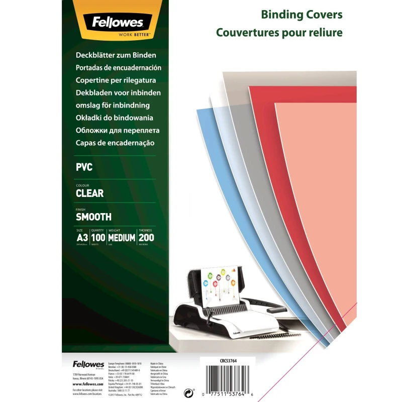 Image of Fellowes Fellowes Recycled A3 PVC Binding Covers Clear 200 Micron (Pack of 100) 53764 53764