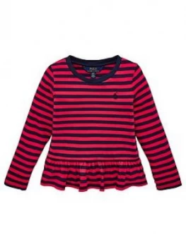 Image of Ralph Lauren Girls Stripe Peplum Long Sleeve T-Shirt - Pink