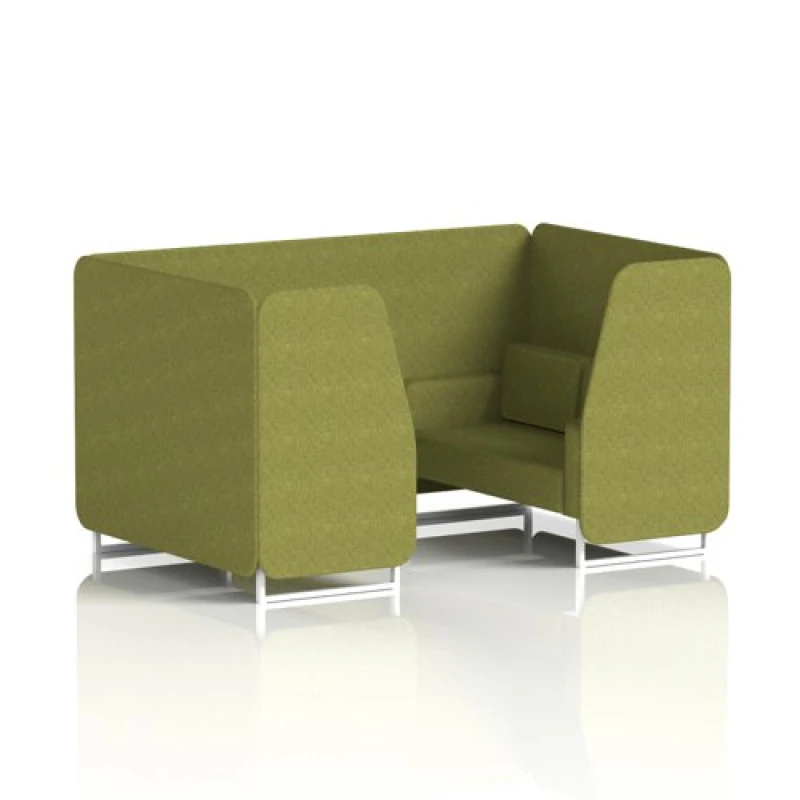 Image of Brixworth 4 Seater Office Booth with Front Panel - White Legs in Rivet Fabric - Olive Panels and Sofa