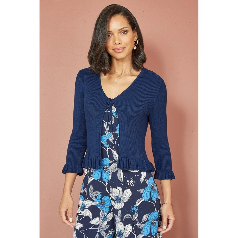 Image of Yumi Navy Tie Up Ribbed Cardigan With Frill Hem Navy female