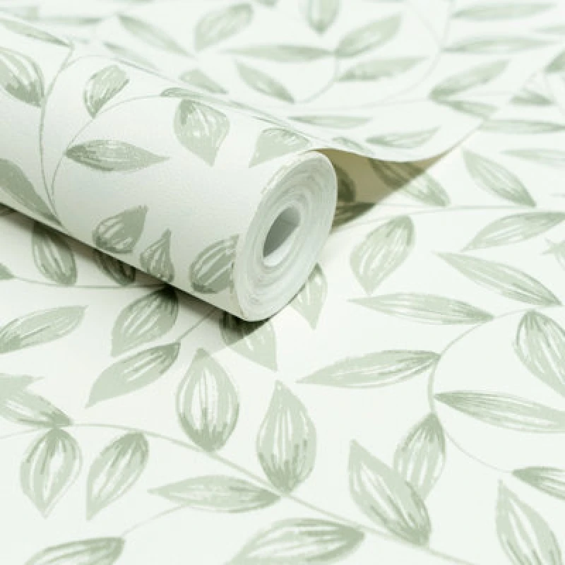 Image of Grandeco Jessy Handpainted Leaf Trail Textured Wallpaper, Sage Green