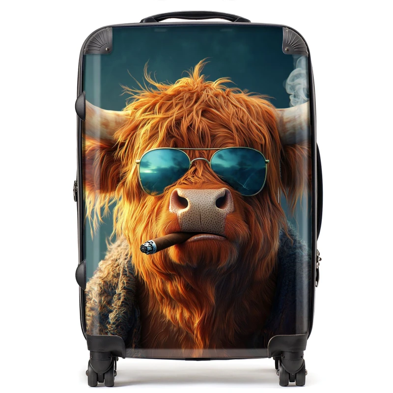 Image of Warren Reed - Designer Highland Cow With Glasses Suitcase in Blue Size: Medium Blue Unisex Medium